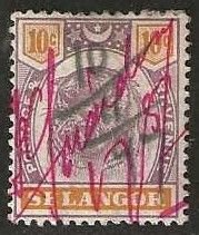 Selangor  Sc. 32  used, pen cancel.  Tiger.  1895.   (S1987).