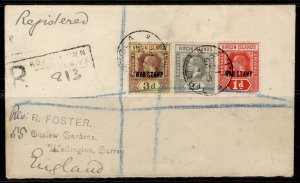 BRITISH VIRGIN ISLANDS GV SG71 + 78b + 79, 1918 6d rate Registered COVER TORTOLA