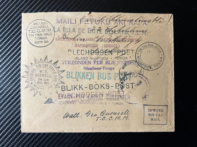 1930s Germany Tin Can Canoe Mail Cover Berlin to Niaufoou Island Tonga