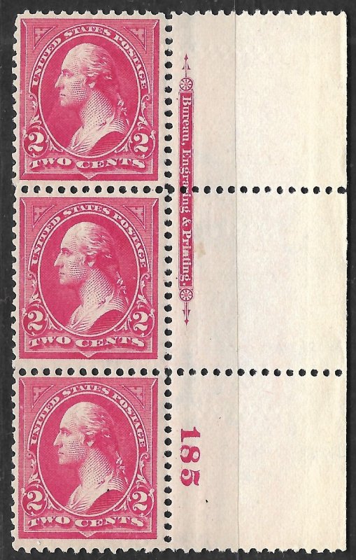 Doyle's_Stamps: MNH 2c Washington Plate #185 Strip w/Imprint, Scott #267**