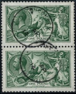 GB 1913 £1 green vfu pair, crisp Guernsey 1914 cds, RPS cert, scarce multiple