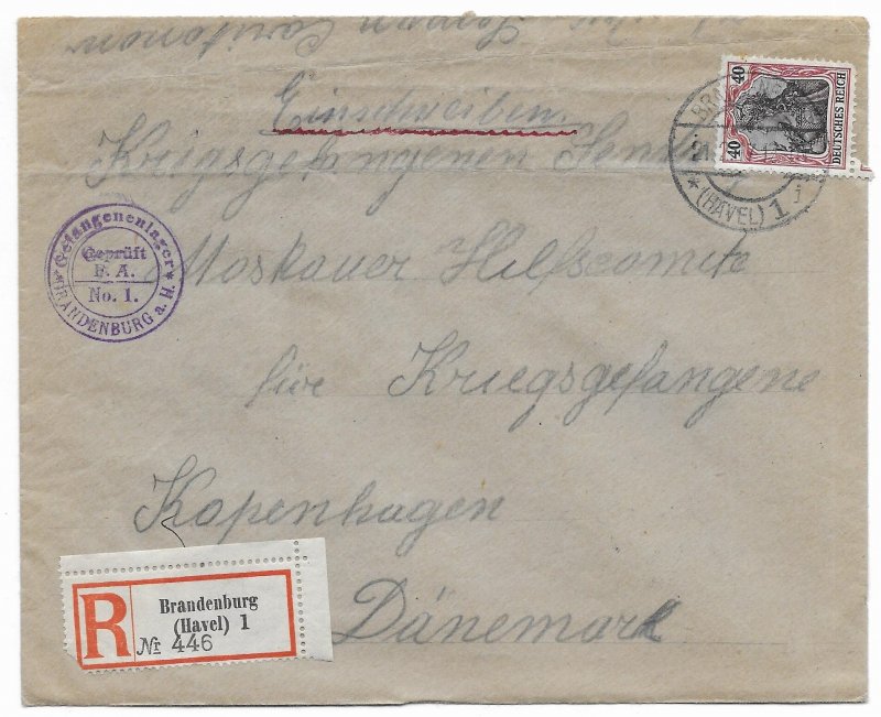 World War 1 Havel 1917 Registered Kriegsgefangenensundung to Denmark, Scott 72