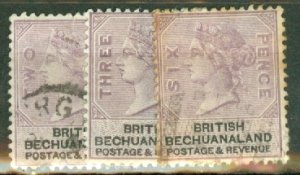 JQ: Bechuanaland 11, 13, 16 mint; 12, 15 used CV $80.50; scan shows only a few