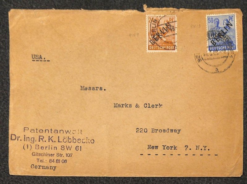 GERMANY 9N9 & 9N13 STAMPS MARKS & CLERK BERLIN TO NY COVER 1949