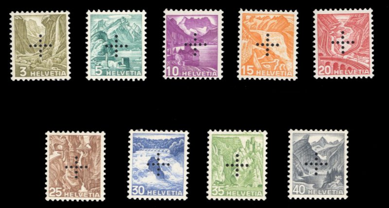 Switzerland, Officials #OA19-27 Cat$400, 1937 3c-40c, nine values, lightly hi...