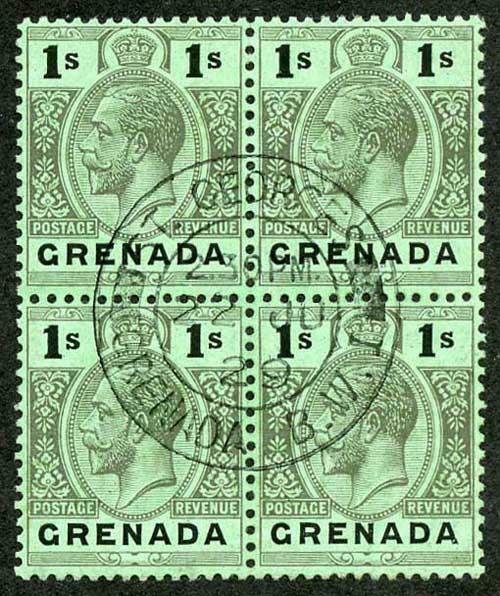Grenada SG128 1/- Black/Emerald wmk Script St Georges CDS Block of FOUR