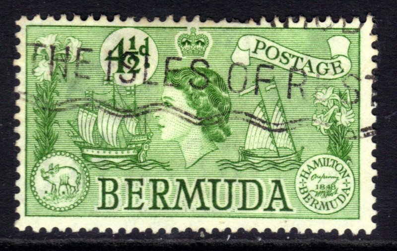 Bermuda 1953 - 62 QE2 4 1/2d Emerald Used SG 142 ( J683 )