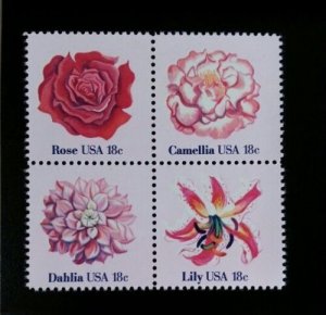 1981 18c Flowers, Rose, Lily, Block of 4 Scott 1876-79 Mint F/VF NH