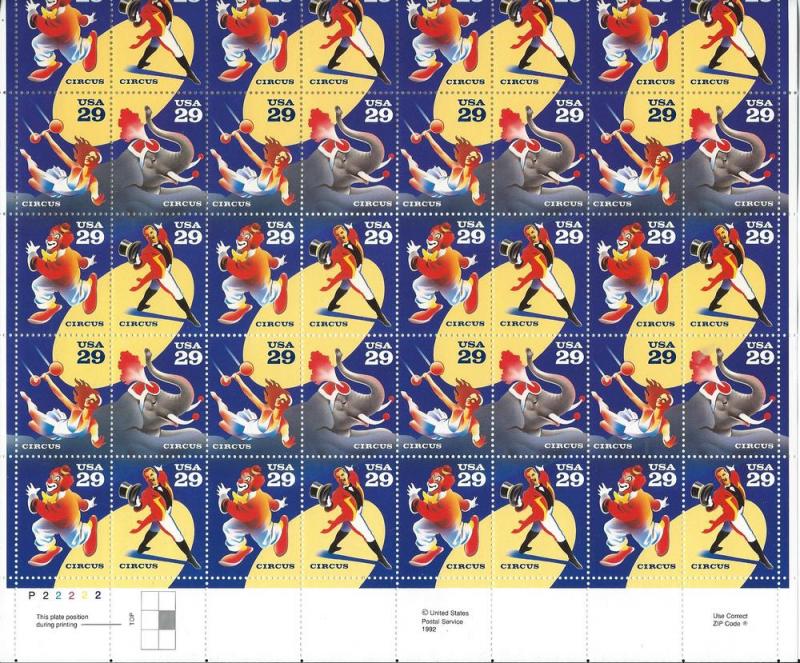 US#2750  $0.29 Circus Full Sheet (MNH) CV$40.00