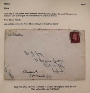 1939 British Field Post Tientsin China Cover To Durham England VIA Siberia