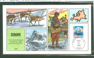 US 2277 1988 E rate earth sheet stamp, single, on an unaddressed FDC with an overall Europe and hand color illustrated cachet by