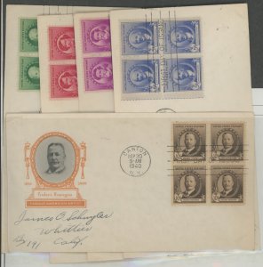 US 884-888 1940 1c to 10c Famous Artists. Blocks of 4. Complete set of 5 on Cacheted FDCs.