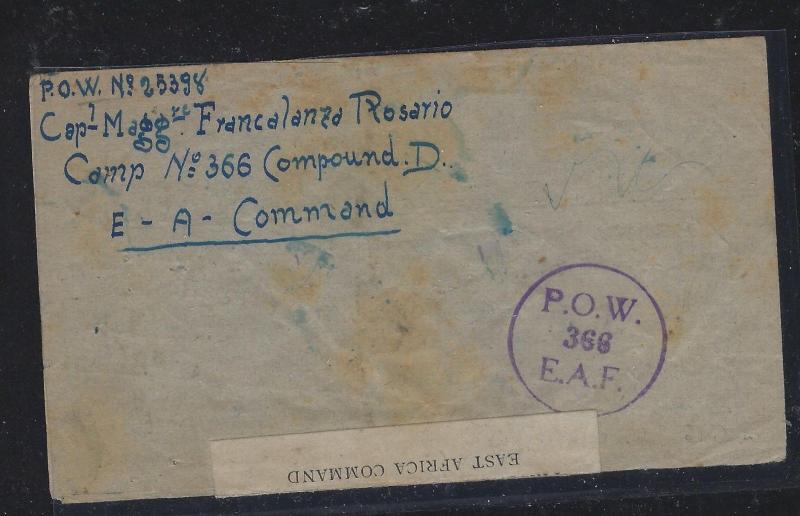 KENYA.UGANDA, TANGANYIKA (P0302B) POW STAMPLESS CENSOR PRISONER COVER TO ITALY