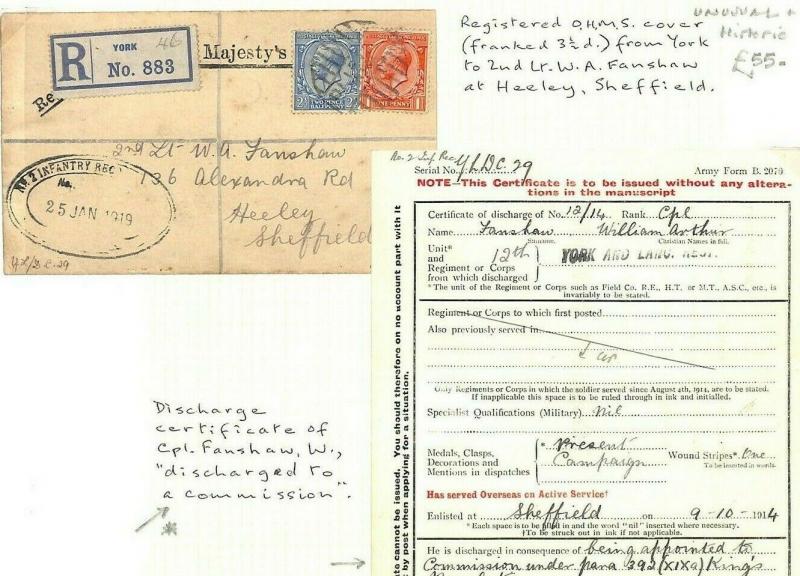 GB WW1 MILITARY Cover York Registered 1918 Discharge Papers To Commission AG81 