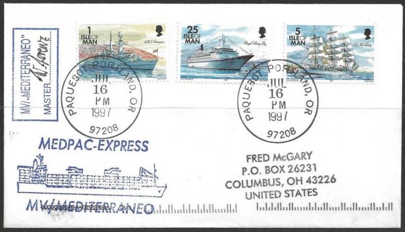 1997 Paquebot Cover, Isle of Man stamps used in Portland Oregon