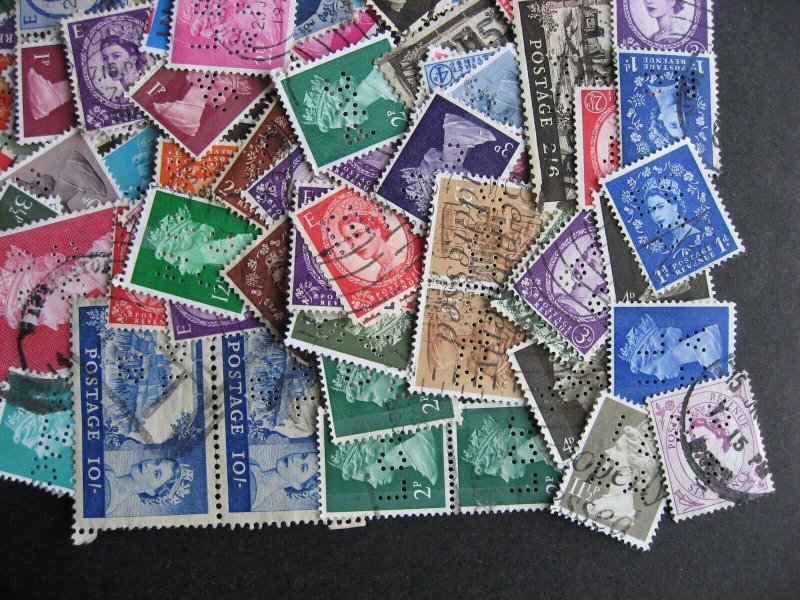 Great Britain QEII era perfins mixture (duplicates, mixed condition) of 200 