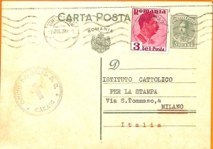 99451 - ROMANIA - Postal History - STATIONERY CARD to ITALY 1938-