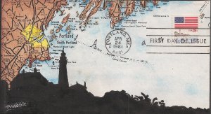 T.M. Weddle Hand Colored FDC for the 1981 18c Flag and Anthem Lighthouse Coil