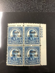 US stamps Scott 648 Hawaii overprint issue plate block of 4 mint Never Hinged XF 