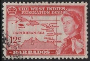 Barbados 250 (used) 12c West Indies Federation issue, car rose (1958)