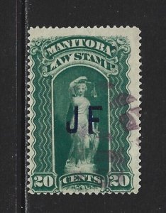 CANADA REVENUE - #ML102 - 20c MANITOBA LAW STAMP JF OVERPRINT BACK OF BOOK BOB