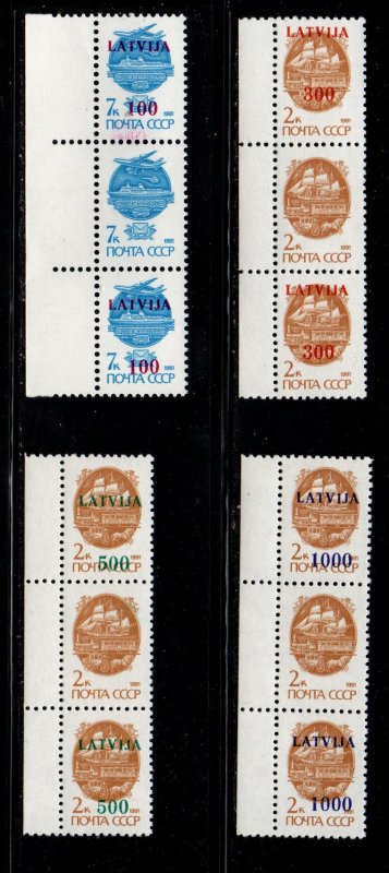 Latvia Sc 308a-311a 1991 Missing overprints stamp strips of 3 mint NH