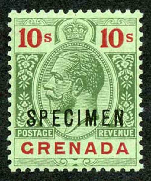 GRENADA SG101as 1913-22 Wmk MCA 10s green and red/emerald back opt SPECIMEN