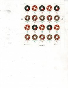 Christmas Wreath 32c Postage Sheet #3249-52b MNH