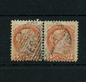 ?PRESCOTT fancy cancel on pair of three cent Small Queens, used Canada