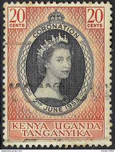 KENYA, UGANDA & TANGANYIKA 1953 QEII 20c Black & Red-Orange Coronation SG165 FU