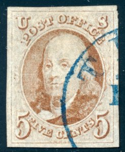 US 1 5c 1847 Benjamin Franklin Argus Brown PF grade 90 blue Troy NY postmark