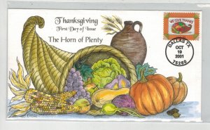 2001 COLLINS HANDPAINTED FDC 3546 THANKSGIVING HORN OF PLENTY VEGETABLES FRUIT