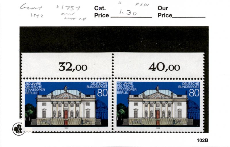Germany, Postage Stamp, #1757 Pair Mint NH, 1992 Opera Berlin (AF)