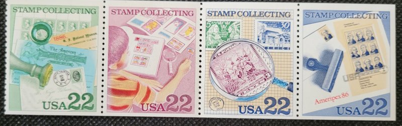 USA, 1986, Stamp Collecting, #2198-2201, booklet pane of 4, MNH, SCV$2.00