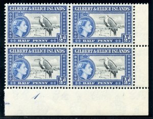 Gilbert & Ellice Island 1956 QEII ½d Plate1 block of four superb MNH. SG 64.