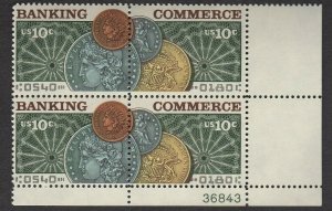 1975 Banking & Commerce Plate Block Of 4 10c Postage Stamps, Sc# 1577-1578, MNH