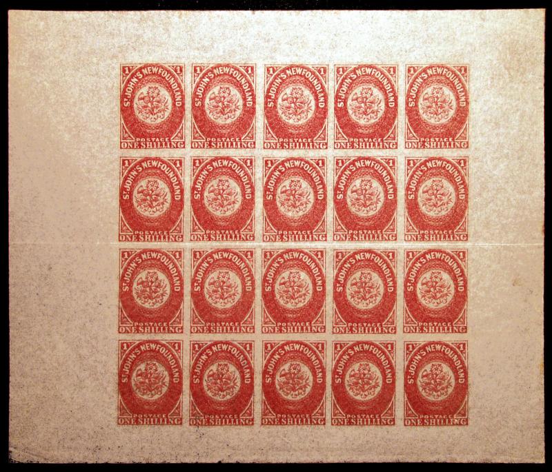 Newfoundland #23i 1s Rose 1861-62 XF *MNH* Complete Sheet of 20 Scarce CV $4000+