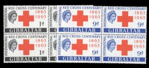 Gibraltar #162-163 Cat$25, 1963 Red Cross, set in blocks of four, never hinged