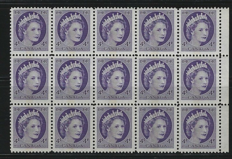 CANADA - #340p -4c QUEEN ELIZABETH II WILDING BLOCK OF 15 MNH CV: $75 CENTRE TAG