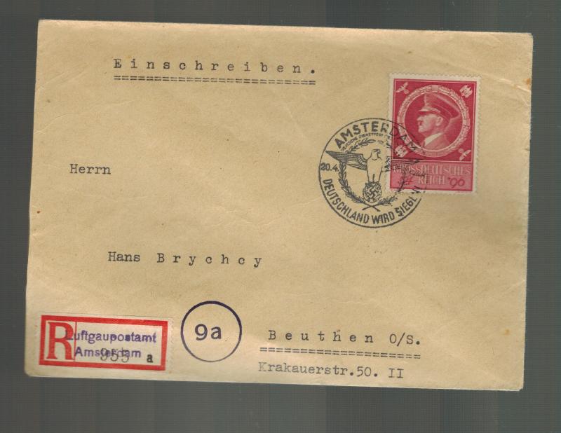 1944 Amsterdam Holland Registered Cover to Germany Dienstpost April 20