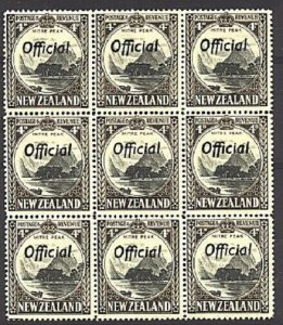 NEW ZEALAND OFFICIAL 1936 4d line perf 14 SGO126a MNH blk of 9 cat £198....93834