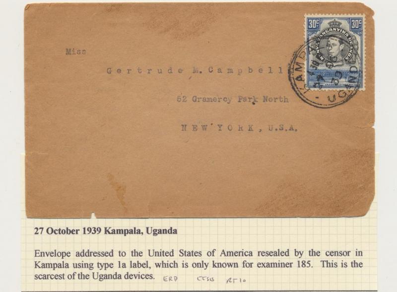 UGANDA 1939, SCARCE CENSOR(TAPE #185) COVER TO USA, 30c RATE (SEE BELOW