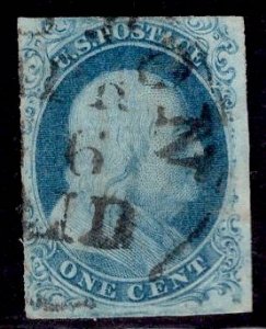 US Stamp #7 1c Franklin Blue Used SCV $130. Portion of Paid Cancel