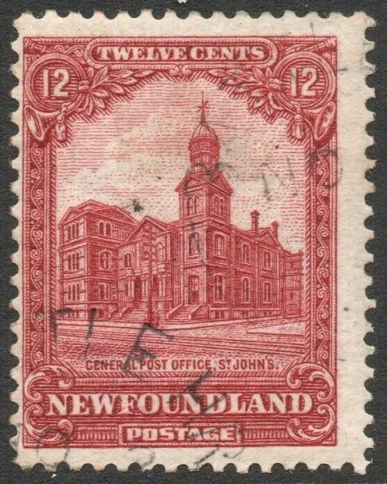 NEWFOUNDLAND-1928-29 12c Carmine-Lake Sg 173 GOOD USED V46295