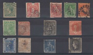 BC 1860-90 GROUP OF 13 FORGERIES ON CARD ANTIGUA, BAHAMAS, BARBADOS, GRENADA+ 