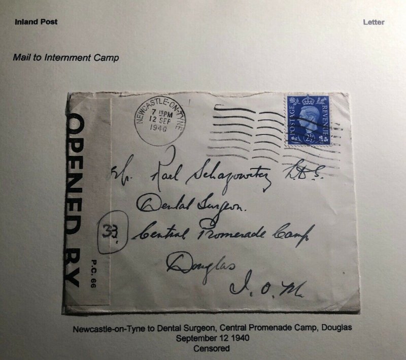 1940 Newcastle England Censored Cover To Isle Of Man Internment Camp Douglas