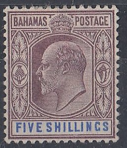 BAHAMAS  1902-10 5/- dull purple hinged mint - 70359