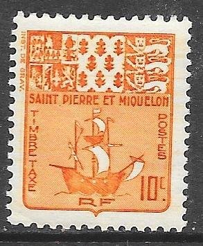 Saint Pierre and Miquelon J68: 10c  Arms and Fishing Schooner, MNH, VF