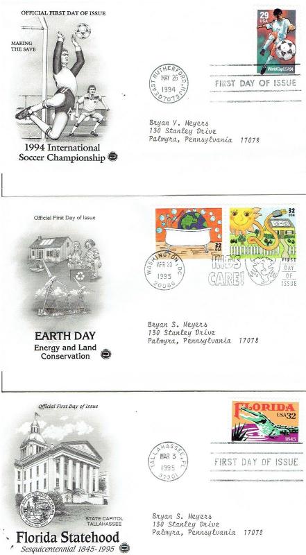 16 USA FIRST DAY COVERS, COMPOSERS, EARTH DAY, SILENT MOVIES, FLOWERS, SOCCER