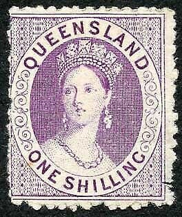 Queensland 1874 1/- Proof in Purple No wmk Perf 13 SCARCE (with gum) 